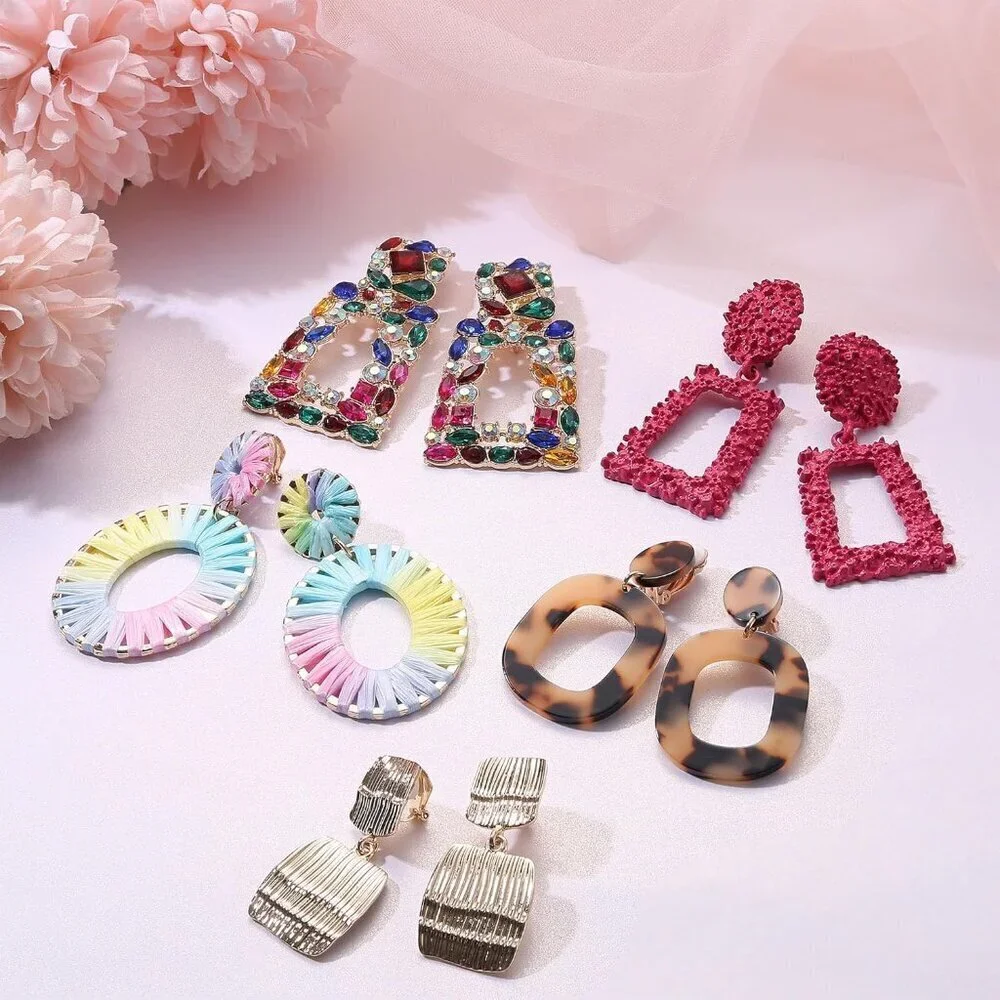9 Pairs Clip On Earrings Women Fashion Acrylic Geometric Bohemian Statement - Picture 3 of 6